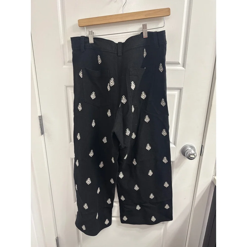 Zara Womens XL Black Embroidered Wide Leg Culotte Pants Geometric Boho Cropped - Picture 3 of 3